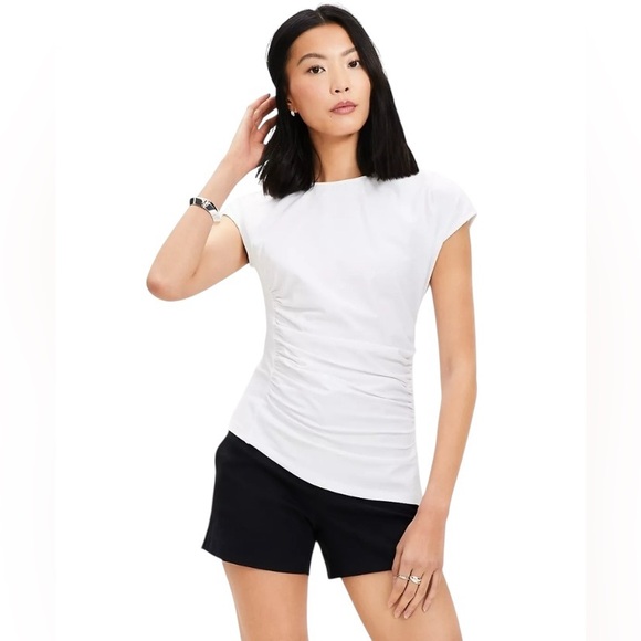 LOFT Ann Taylor Shirred Tee Size SP White Stretch Jersey Knit Casual - Picture 1 of 15
